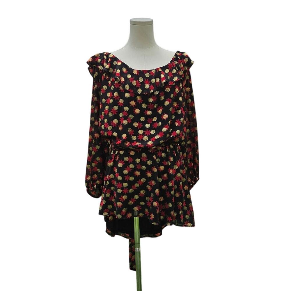 Lane Bryant Black Floral Long Sleeve Ruffle Neck Blouse Plus Size 26/28